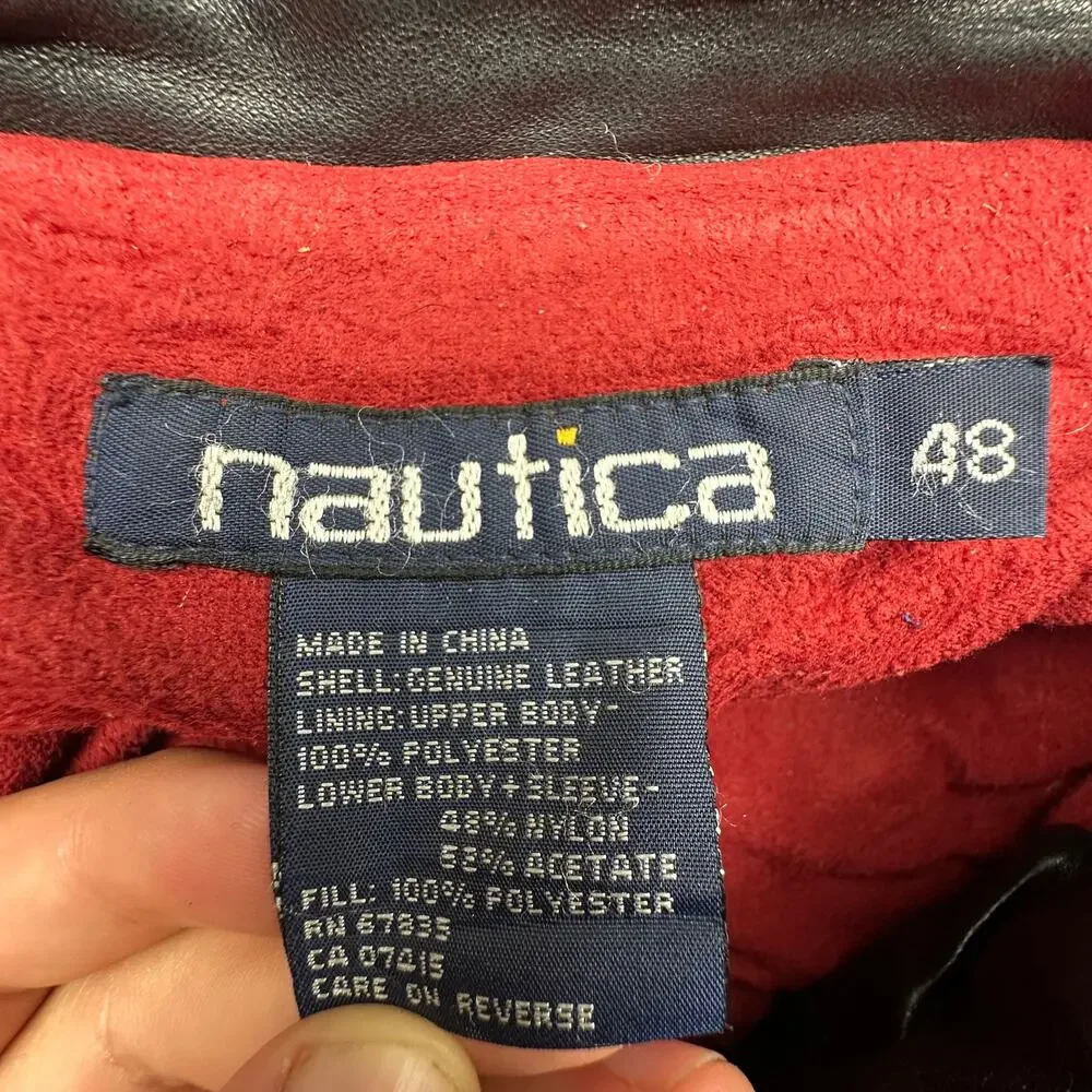 Vintage 90s Nautica Genuine Leather Red Lined Coat Mens 48 XL Hooded Pockets